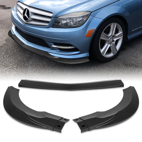 For 2008-2011 Mercedes C-Class Sport W204 Matt Black Front Bumper Spoiler Lip + 31" x 4" Universal Black Car side Skirt Rocker Splitters Diffuser Winglet Wind 5pcs