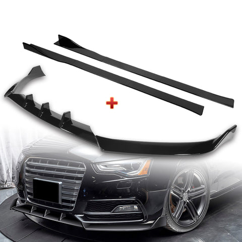 For 2013-2016 Audi A5/S5 S-Line Painted Black Front Bumper Spoiler Splitter Lip + 86" x 4" Universal Painted Black Side Skirt Extension Rocker Splitters Lip 9pcs
