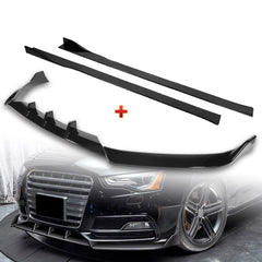 For 2013-2016 Audi A5/S5 S-Line Painted Black Front Bumper Spoiler Splitter Lip + 86" x 4" Universal Painted Black Side Skirt Extension Rocker Splitters Lip 9pcs