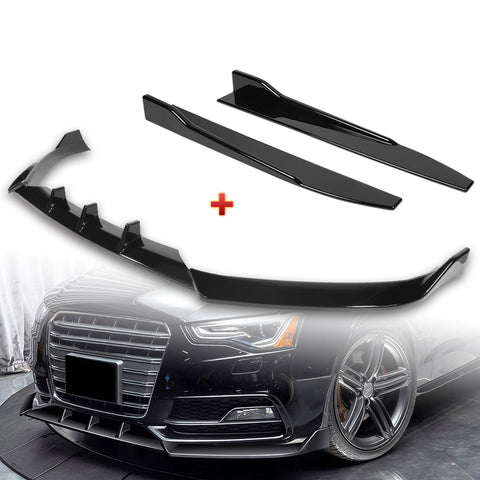 For 2013-2016 Audi A5/S5 S-Line Painted Black Front Bumper Spoiler Splitter Lip + 31"x4" Universal Painted Black Side Skirt Rocker Splitters Diffuser Winglet Wind  5pcs