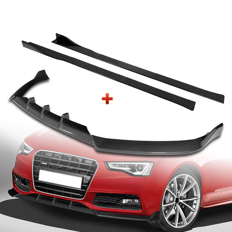 For 2013-2016 Audi A5 / S5 S-Line Carbon Look Front Bumper Spoiler Splitter Lip + 86" x 4" Universal Carbon Look Side Skirt Extension Rocker Splitters Lip 9pcs