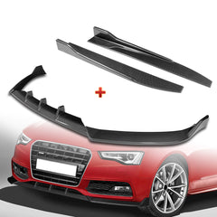 For 2013-2016 Audi A5 / S5 S-Line Carbon Look Front Bumper Spoiler Splitter Lip + 31"x4" Universal Carbon Style Side Skirt Rocker Splitters Diffuser Winglet Wind  5pcs