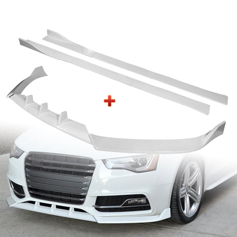For 2013-2016 Audi A5/S5 S-Line Painted White Front Bumper Spoiler Splitter Lip + 86" x 4" Universal Painted White Side Skirt Extension Rocker Splitters Lip 9pcs