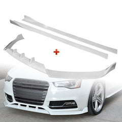 For 2013-2016 Audi A5/S5 S-Line Painted White Front Bumper Spoiler Splitter Lip + 86" x 4" Universal Painted White Side Skirt Extension Rocker Splitters Lip 9pcs