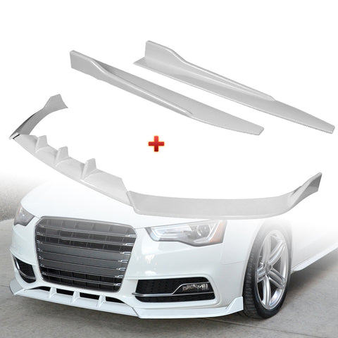 For 2013-2016 Audi A5/S5 S-Line Painted White Front Bumper Spoiler Splitter Lip + 31"x4" Universal Painted White Side Skirt Rocker Splitters Diffuser Winglet Wind  5pcs