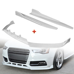 For 2013-2016 Audi A5/S5 S-Line Painted White Front Bumper Spoiler Splitter Lip + 31"x4" Universal Painted White Side Skirt Rocker Splitters Diffuser Winglet Wind  5pcs