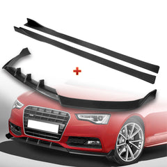 For 2013-2016 Audi A5 / S5 S-Line Matt Black Front Bumper Spoiler Splitter Lip + 86" x 4" Universal Black Side Skirt Extension Rocker Splitters Diffuser Lip 9pcs