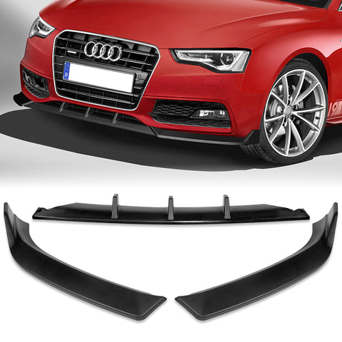 For 2013-2016 Audi A5 / S5 S-Line Matt Black Front Bumper Spoiler Splitter Lip + 86" x 4" Universal Black Side Skirt Extension Rocker Splitters Diffuser Lip 9pcs