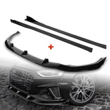 For 2020-2022 Audi A4 S4 B10 S-Line Painted Black Front Bumper Body Spoiler Lip + 86" x 4" Universal Painted Black Side Skirt Extension Rocker Splitters Lip 9pcs