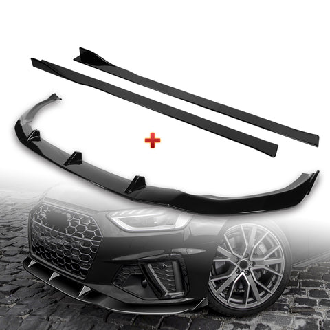 For 2020-2022 Audi A4 S4 B10 S-Line Painted Black Front Bumper Body Spoiler Lip + 86" x 4" Universal Painted Black Side Skirt Extension Rocker Splitters Lip 9pcs