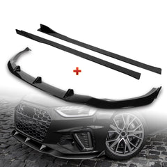 For 2020-2022 Audi A4 S4 B10 S-Line Painted Black Front Bumper Body Spoiler Lip + 86" x 4" Universal Painted Black Side Skirt Extension Rocker Splitters Lip 9pcs