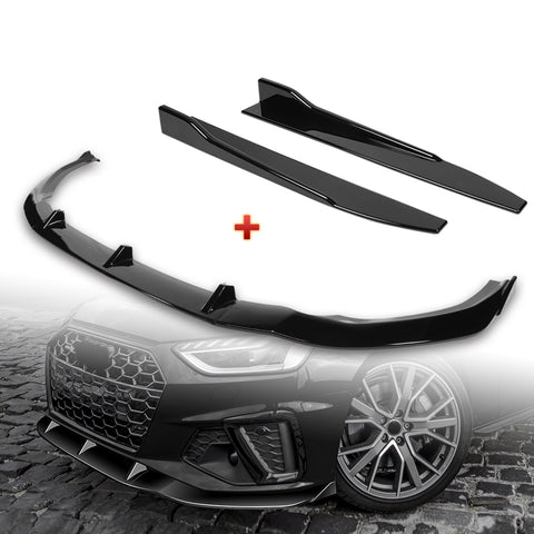 For 2020-2022 Audi A4 S4 B10 S-Line Painted Black Front Bumper Body Spoiler Lip + 31"x4" Universal Painted Black Side Skirt Rocker Splitters Diffuser Winglet Wind  5pcs