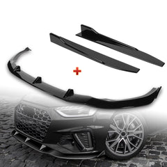 For 2020-2022 Audi A4 S4 B10 S-Line Painted Black Front Bumper Body Spoiler Lip + 31"x4" Universal Painted Black Side Skirt Rocker Splitters Diffuser Winglet Wind  5pcs