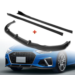 For 2020-2022 Audi A4 S4 B10 S-Line Carbon Painted Front Bumper Body Spoiler Lip + 86" x 4" Universal Carbon Look Side Skirt Extension Rocker Splitters Lip 9pcs