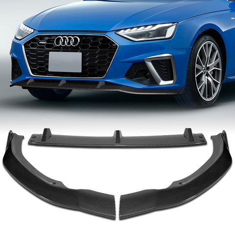 For 2020-2022 Audi A4 S4 B10 S-Line Carbon Painted Front Bumper Body Spoiler Lip + 86" x 4" Universal Carbon Look Side Skirt Extension Rocker Splitters Lip 9pcs