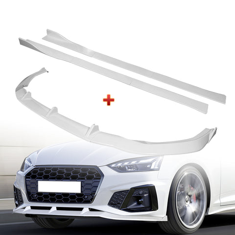 For 2020-2022 Audi A4 S4 B10 S-Line Painted White Front Bumper Body Spoiler Lip + 86" x 4" Universal Painted White Side Skirt Extension Rocker Splitters Lip 9pcs