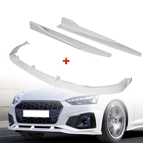 For 2020-2022 Audi A4 S4 B10 S-Line Painted White Front Bumper Body Spoiler Lip + 31"x4" Universal Painted White Side Skirt Rocker Splitters Diffuser Winglet Wind  5pcs