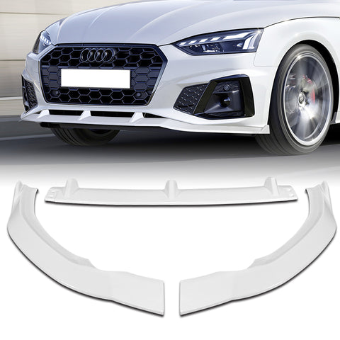 For 2020-2022 Audi A4 S4 B10 S-Line Painted White Front Bumper Body Spoiler Lip + 31"x4" Universal Painted White Side Skirt Rocker Splitters Diffuser Winglet Wind  5pcs