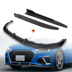 For 2020-2022 Audi A4 S4 B10 S-Line Matt Black Front Bumper Spoiler Splitter Lip + 31" x 4" Universal Black Car side Skirt Rocker Splitters Diffuser Winglet Wind  5pcs