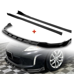 For 2013-2020 Nissan 370Z GT-Style Painted Black Front Bumper Body Spoiler Lip + 86" x 4" Universal Painted Black Side Skirt Extension Rocker Splitters Lip 9pcs