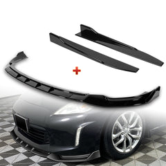 For 2013-2020 Nissan 370Z GT-Style Painted Black Front Bumper Body Spoiler Lip + 31"x4" Universal Painted Black Side Skirt Rocker Splitters Diffuser Winglet Wind   5pcs