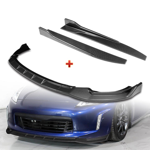 For 2013-2020 Nissan 370Z GT-Style Carbon Painted Front Bumper Body Spoiler Lip + 31"x4" Universal Carbon Style Side Skirt Rocker Splitters Diffuser Winglet Wind  5pcs