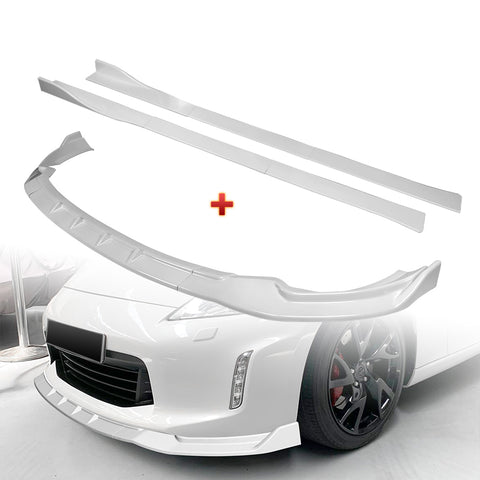 For 2013-2020 Nissan 370Z GT-Style Painted White Front Bumper Body Spoiler Lip + 86" x 4" Universal Painted White Side Skirt Extension Rocker Splitters Lip 9pcs