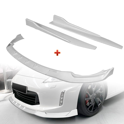 For 2013-2020 Nissan 370Z GT-Style Painted White Front Bumper Body Spoiler Lip + 31"x4" Universal Painted White Side Skirt Rocker Splitters Diffuser Winglet Wind  5pcs