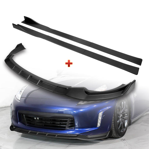 For 2013-2020 Nissan 370Z GT-Style Carbon Painted Front Bumper Body Spoiler Lip + 59" x 4" Universal Carbon Look Side Skirt Extension Rocker Splitters Lip 9pcs