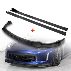 For 2013-2020 Nissan 370Z GT-Style Carbon Painted Front Bumper Body Spoiler Lip + 59" x 4" Universal Carbon Look Side Skirt Extension Rocker Splitters Lip 9pcs