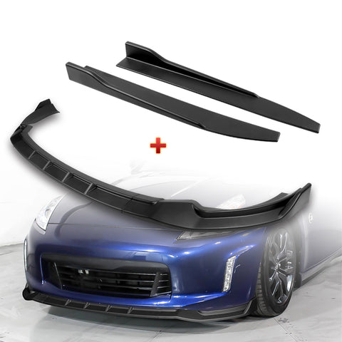 For 2013-2020 Nissan 370Z GT-Style Matt Black Front Bumper Splitter Spoiler Lip + 31" x 4" Universal Black Car side Skirt Rocker Splitters Diffuser Winglet Wind  5pcs