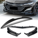 For 2019-2021 Chevrolet Malibu Painted Black Front Bumper Lip Spoiler Splitter 3pcs + For 2016-2024 Chevy Malibu W-Power Pearl Black V-Style Trunk Lid Spoiler Wing