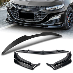 For 2019-2021 Chevrolet Malibu Painted Black Front Bumper Lip Spoiler Splitter 3pcs + For 2016-2024 Chevy Malibu W-Power Pearl Black V-Style Trunk Lid Spoiler Wing