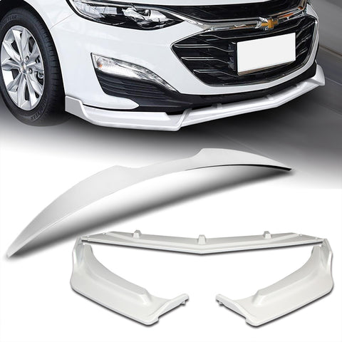For 2019-2021 Chevrolet Malibu Painted White Front Bumper Body Kit Spoiler Lip  3pcs + For 2016-2024 Chevy Malibu W-Power Pearl White V-Style Trunk Lid Spoiler Wing