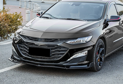 For 2019-2021 Chevrolet Malibu Painted Black Front Bumper Lip Spoiler Splitter 3pcs + For 2016-2024 Chevy Malibu W-Power Pearl Black V-Style Trunk Lid Spoiler Wing