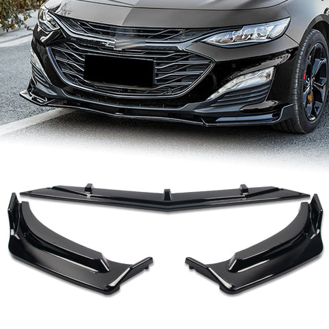 For 2019-2021 Chevrolet Malibu Painted Black Front Bumper Lip Spoiler Splitter 3pcs + For 2016-2024 Chevy Malibu W-Power Pearl Black V-Style Trunk Lid Spoiler Wing