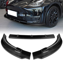 For 2020-2024 Tesla Model Y Real Carbon Fiber Front Bumper Spoiler Splitter Lip  3pcs