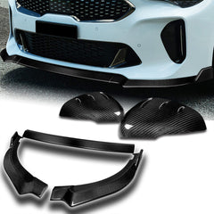 For 2018-2023 Kia Stinger GT-Line Carbon Fiber Front Bumper Splitter Spoiler Lip 3pcs + For 2018-2023 Kia Stinger GT Real Carbon Fiber Side View Mirror Covers Cap Trim 2pcs