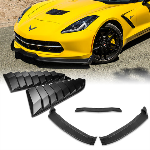 For 2014-2019 Chevrolet Corvette C7 ST-Style Matt Black Front Bumper Spoiler Lip 3pcs + For 2014-2019 Corvette C7 Black Side Window Louvers Scoop Sunshade Cover Vent