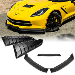 For 2014-2019 Chevrolet Corvette C7 ST-Style Matt Black Front Bumper Spoiler Lip 3pcs + For 2014-2019 Corvette C7 Black Side Window Louvers Scoop Sunshade Cover Vent