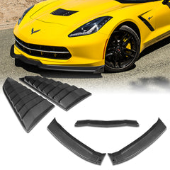 For 2014-2019 Chevrolet Corvette C7 Stage 2 Carbon Look Front Bumper Spoiler Lip 3pcs + For 2014-2019 Corvette C7 Carbon Side Window Louvers Scoop Sunshade Cover Vent