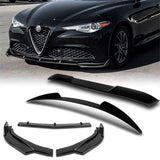For 2017-2021 Alfa Romeo Giulia Painted Black Front Bumper Body Kit Spoiler Lip 3pcs + For 2017-2023 Alfa Romeo Giulia W-Power Pearl Black V-Style Trunk Spoiler Wing + For 2017-2023 Alfa Romeo Giulia W-Power Pearl Black Rear Roof Visor Spoiler Wing