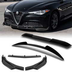 For 2017-2021 Alfa Romeo Giulia Painted Black Front Bumper Body Kit Spoiler Lip 3pcs + For 2017-2023 Alfa Romeo Giulia W-Power Pearl Black V-Style Trunk Spoiler Wing + For 2017-2023 Alfa Romeo Giulia W-Power Pearl Black Rear Roof Visor Spoiler Wing