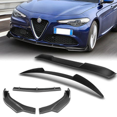 For 2017-2021 Alfa Romeo Giulia Carbon Look Front Bumper Body Kit Spoiler Lip 3pcs + For 2017-2023 Alfa Romeo Giulia W-Power Carbon Look V-Style Trunk Spoiler Wing + For 2017-2023 Alfa Romeo Giulia W-Power Carbon Look Rear Roof Visor Spoiler Wing