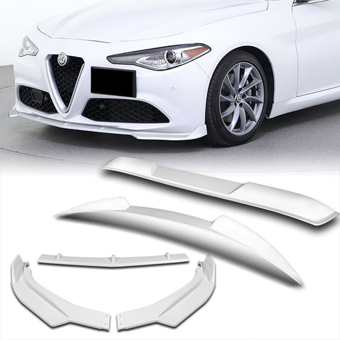 For 2017-2021 Alfa Romeo Giulia Painted White Front Bumper Body Kit Spoiler Lip 3pcs + For 2017-2023 Alfa Romeo Giulia W-Power Pearl White V-Style Trunk Spoiler Wing +