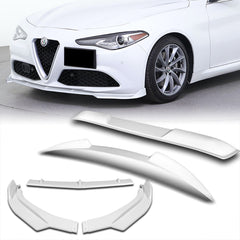 For 2017-2021 Alfa Romeo Giulia Painted White Front Bumper Body Kit Spoiler Lip 3pcs + For 2017-2023 Alfa Romeo Giulia W-Power Pearl White V-Style Trunk Spoiler Wing +