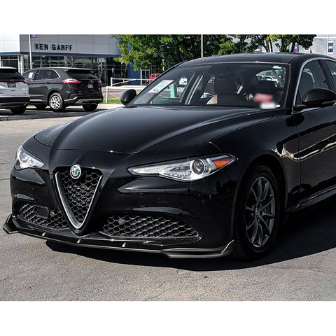 For 2017-2021 Alfa Romeo Giulia Painted Black Front Bumper Body Kit Spoiler Lip 3pcs + For 2017-2023 Alfa Romeo Giulia W-Power Pearl Black V-Style Trunk Spoiler Wing + For 2017-2023 Alfa Romeo Giulia W-Power Pearl Black Rear Roof Visor Spoiler Wing