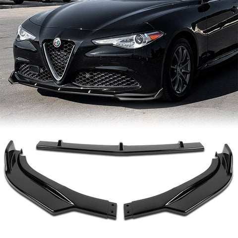 For 2017-2021 Alfa Romeo Giulia Painted Black Front Bumper Body Kit Spoiler Lip 3pcs + For 2017-2023 Alfa Romeo Giulia W-Power Pearl Black V-Style Trunk Spoiler Wing + For 2017-2023 Alfa Romeo Giulia W-Power Pearl Black Rear Roof Visor Spoiler Wing