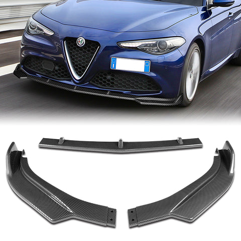 For 2017-2021 Alfa Romeo Giulia Carbon Look Front Bumper Body Kit Spoiler Lip 3pcs + For 2017-2023 Alfa Romeo Giulia W-Power Carbon Look V-Style Trunk Spoiler Wing + For 2017-2023 Alfa Romeo Giulia W-Power Carbon Look Rear Roof Visor Spoiler Wing