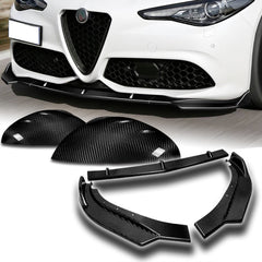 For 2017-2021 Alfa Romeo Giulia Carbon Fiber Front Bumper Splitter Spoiler Lip 3pcs + For 2017-2023 Alfa Romeo Giulia Real Carbon Fiber Side View Mirror Covers Cap  2pcs
